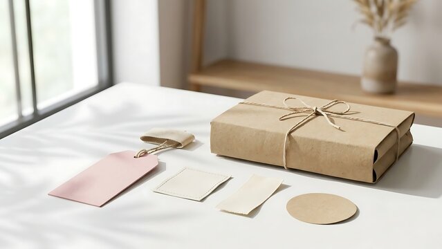 Minimalist eco-friendly branding mockup featuring a brown kraft paper wrapped package tied with twine alongside blank pink and beige price tags and labels on a bright white table with soft shadows.