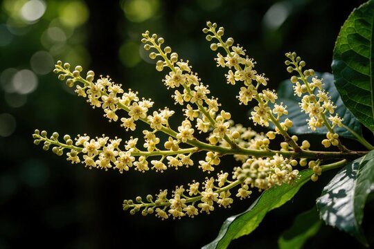 Litsea cubeba plant shows small white blossoms on green branches. Fragrant flowers grow in nature for essential oil production. Herbal ingredients used in organic cosmetics, medicine. Natural plant
