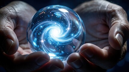 Fototapeta premium Human hands hold glowing crystal ball with bright blue swirling energy inside. Magic sphere shows cosmic galaxy nebula light. Concept of future tech, spiritual power, science discovery protecting