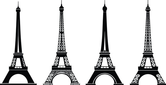 Four Black Silhouette Illustrations of the Eiffel Tower in Paris Keywords: Eiffel Tower, Paris, France, landmark, silhouette