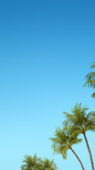 Naklejka premium Lush green tropical palm trees against a vibrant, clear blue sky with ample copy space. Ideal for summer vacation, travel, and tropical beach themes. Nature, natural or quotes background