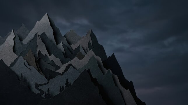 Paper craft mountains landscape with peaks and dark cloudy sky