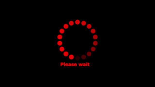 Red loading spinner icon with please wait text animation on black background