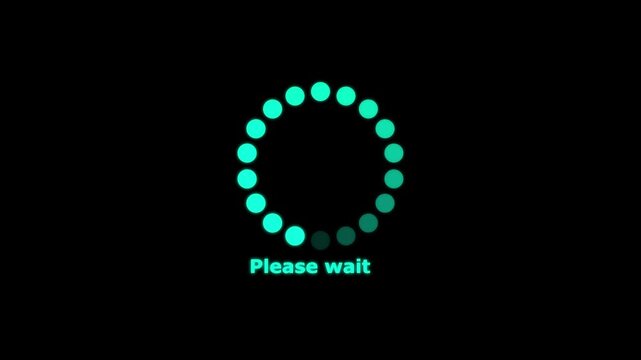 Cyan loading spinner animation with please wait text on black background