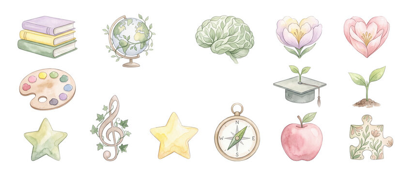 Watercolor School Education Icons Set featuring books, globe, leaf brain, graduation cap, apple, paint palette, treble clef, compass, puzzle piece and nature plant clipart elements on dark background.