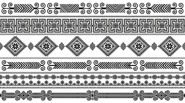 Set of traditional folk ornament borders isolated on transparent