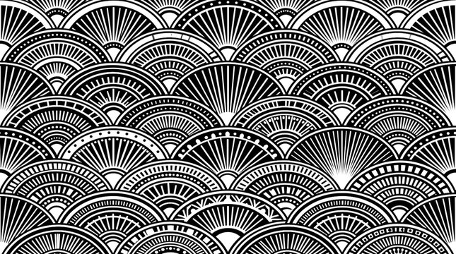 Black and white Japanese Seigaiha waves and circular fan pattern background