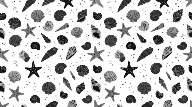 Black and white seashells and starfish seamless pattern photo for summer beach background