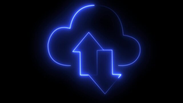 Neon cloud computing icon with upload and download arrows animation for digital technology and data transfer concepts