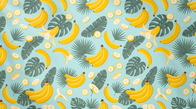 Bright yellow bananas and tropical palm leaves seamless pattern background