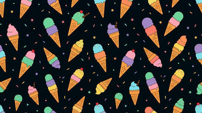 Colorful sweet ice cream cones seamless pattern background photo on dark surface