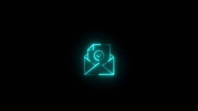 Green neon envelope icon with verified document and checkmark symbol for successful email icon animation on black background. 4k video