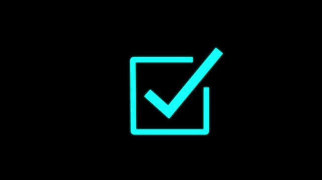 Neon cyan checkmark animation appearing in square box on black background