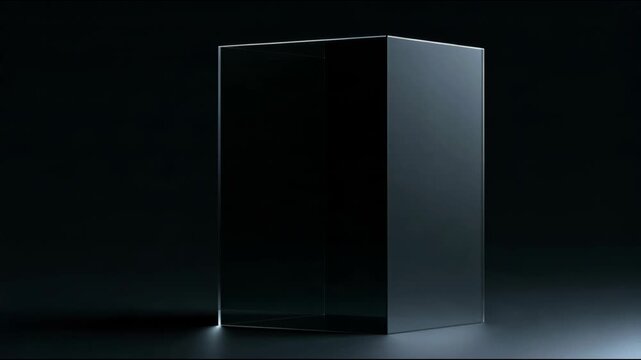 Dark glass cube with reflective panels, minimalist photo style, on a dark studio background, symbolizing mystery and luxury