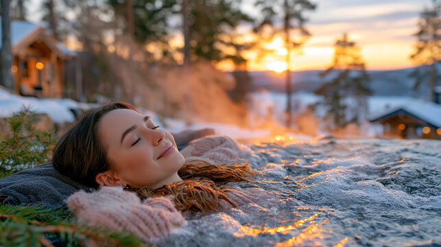Young woman resting in a bubbling outdoor hot tub surrounded by snowy pine trees, dense steam floating above the water, winter sunset creating a soft glow across the landscape, cozy wooden cabin nea
