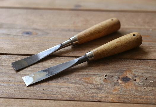 Craftsmanship and woodworking tools, two sharp steel chisels with wooden handles resting on a rustic timber workbench for carpentry and home renovation