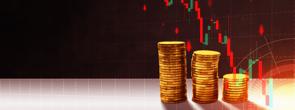 Financial stock market background with falling red candlesticks, downward trends, and three stacks of gold coins. Investment loss, economic decline, and market crash. Finance and economic concept