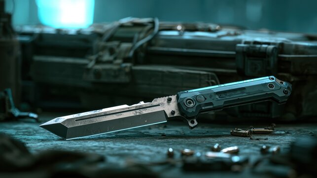 Futuristic weapon with metallic blade and dark handle on a grungy background
