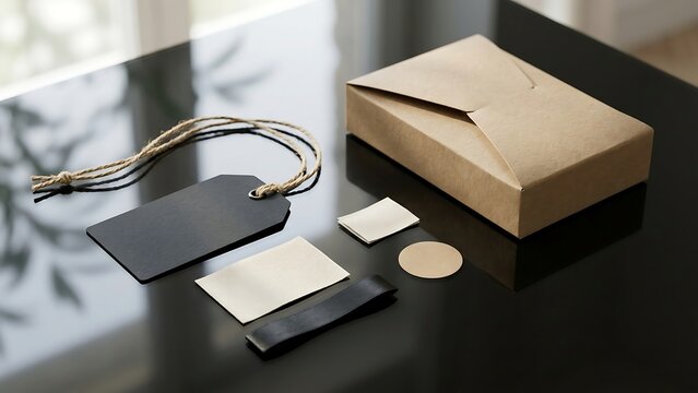 Minimalist branding packaging mockup set featuring a brown kraft paper box black hang tag and stationery elements on a dark reflective surface for elegant boutique product identity presentation.