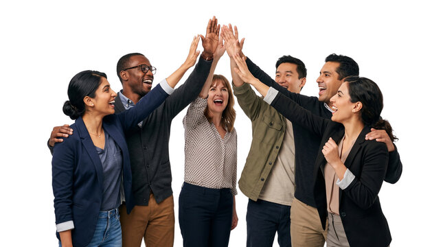 Successful diverse business team giving high fives, happy multiethnic colleagues celebrating achievement, group of professionals isolated on white