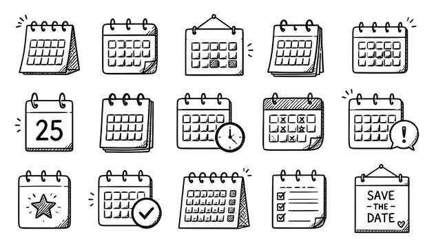 Sketch calendar doodle icon set. Hand drawn sketch calendar doodle with business time date paper drawing. Event day month year agenda reminder office management graphic.