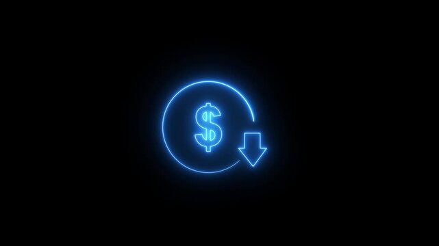 Glowing blue dollar sign icon animation with downward arrow symbolizing financial decline and economic decrease, isolated on black background Motion graphics of concept video