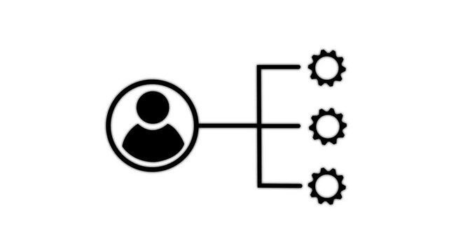 Minimalist user management icon animation: person connected to three gear settings