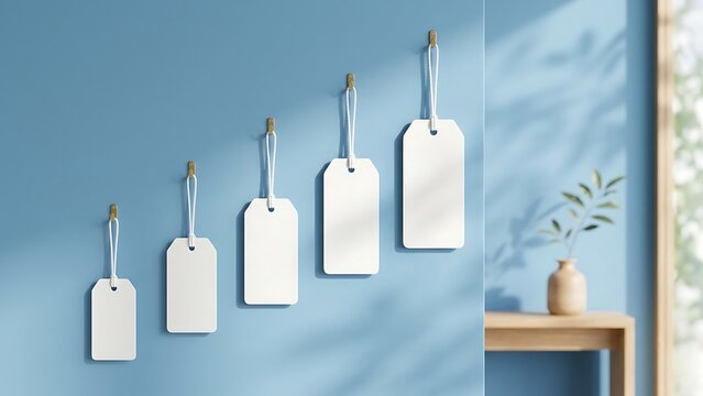 Row of five blank white price tags hanging on a blue wall in ascending order, representing business growth, progress, and retail categorization in a minimalist interior setting with sunlight