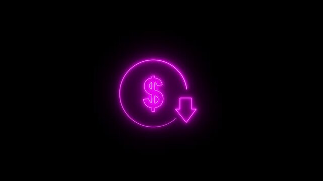 Glowing blue dollar sign icon animation with downward arrow symbolizing financial decline and economic decrease, isolated on black background Motion graphics of concept video