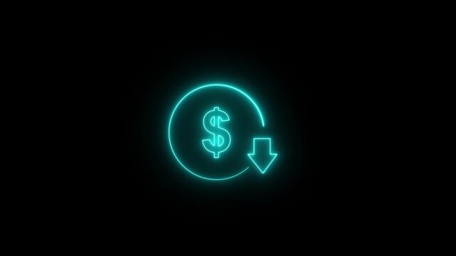 Glowing blue dollar sign icon animation with downward arrow symbolizing financial decline and economic decrease, isolated on black background Motion graphics of concept video