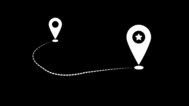 Animated map route with location pin and destination marker on black background