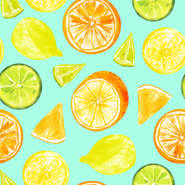 Watercolor citrus fruit mix seamless pattern on teal color background