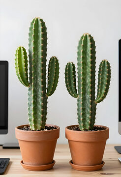 Biophilic office design and workplace wellness, two potted cactus plants on a desk for stress reduction and indoor air quality in a modern workspace