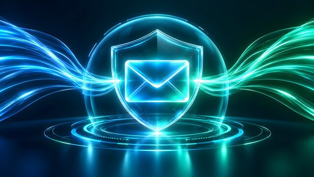 Secure email communication concept with glowing digital envelope inside protective shield dome representing cybersecurity