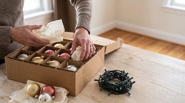 Close Up of Hands Organizing Holiday Ornaments in Storage Box