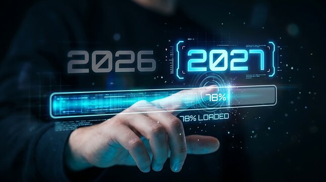 Person selecting year 2027 on futuristic digital progress slider