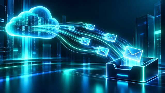 Cloud email server concept sending glowing digital envelopes into virtual inbox tray over network