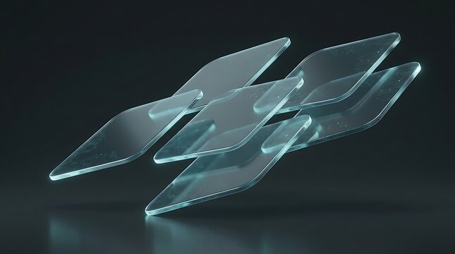 Abstract shattered glass fragments floating against a dark reflective background