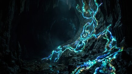 Fototapeta premium Glow in the dark crystals inside a dark rocky underground cave