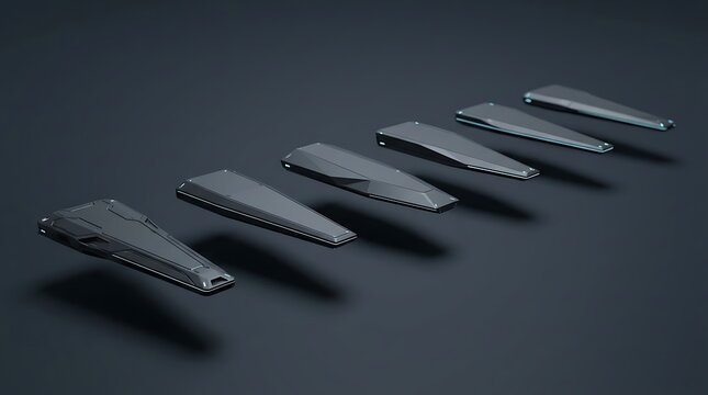 Abstract arrangement of dark gray futuristic vehicles on a dark background