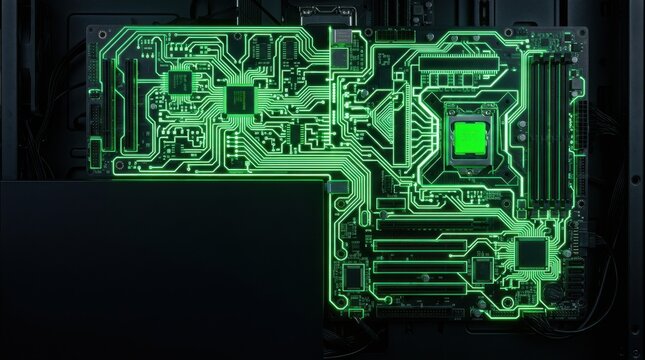 Glowing Green Circuit Board Inside Computer Chassis