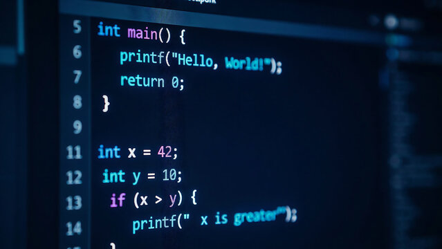 Close up of blurred computer screen displaying C programming code with colorful syntax highlighting on dark blue background for software development and coding concepts