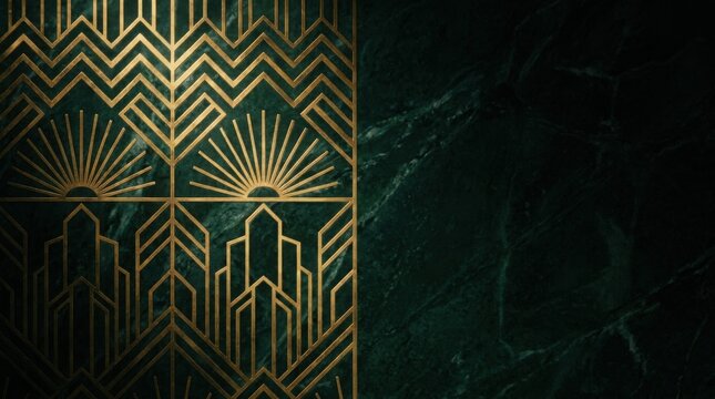 Art deco golden geometric pattern on dark green marble background