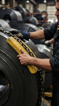 Rigger Securing Heavy Steel Coil with Chains on Flatbed