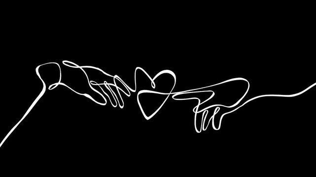 A hand-drawn image featuring animated white lines that connect to form the shape of a hand with a heart in the center.