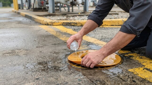 Maintenance Worker Inspecting Pneumatic Drain Blocker on Worksite