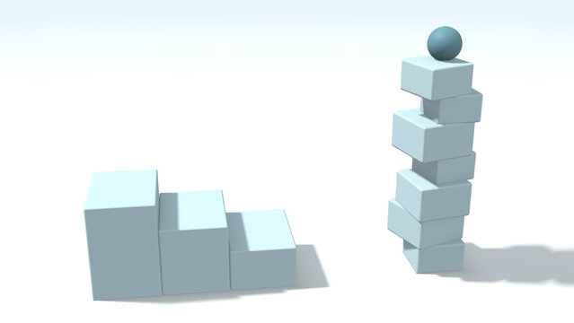 Growth and success concept with stacked cubes and a sphere on top, staircase graph for business infographic