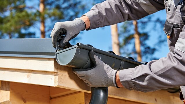 Gutter system installation on new wooden roof by construction worker, with curved dark metal channel and clear sky