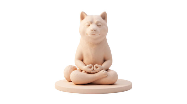 Cute Cat Meditating in Lotus Pose on Beige Platform Isolated on White Background