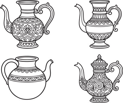 Vintage ornate teapot collection, set of 4 decorative oriental kettles, black and white line art tea pots with floral patterns, vector illustration